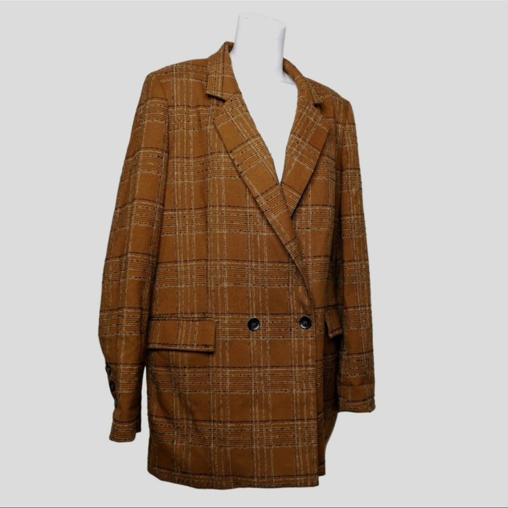 Free people plaid‎ linen Up Town Girl rust Brown Plaid Jacket blazer size large - Picture 11 of 11